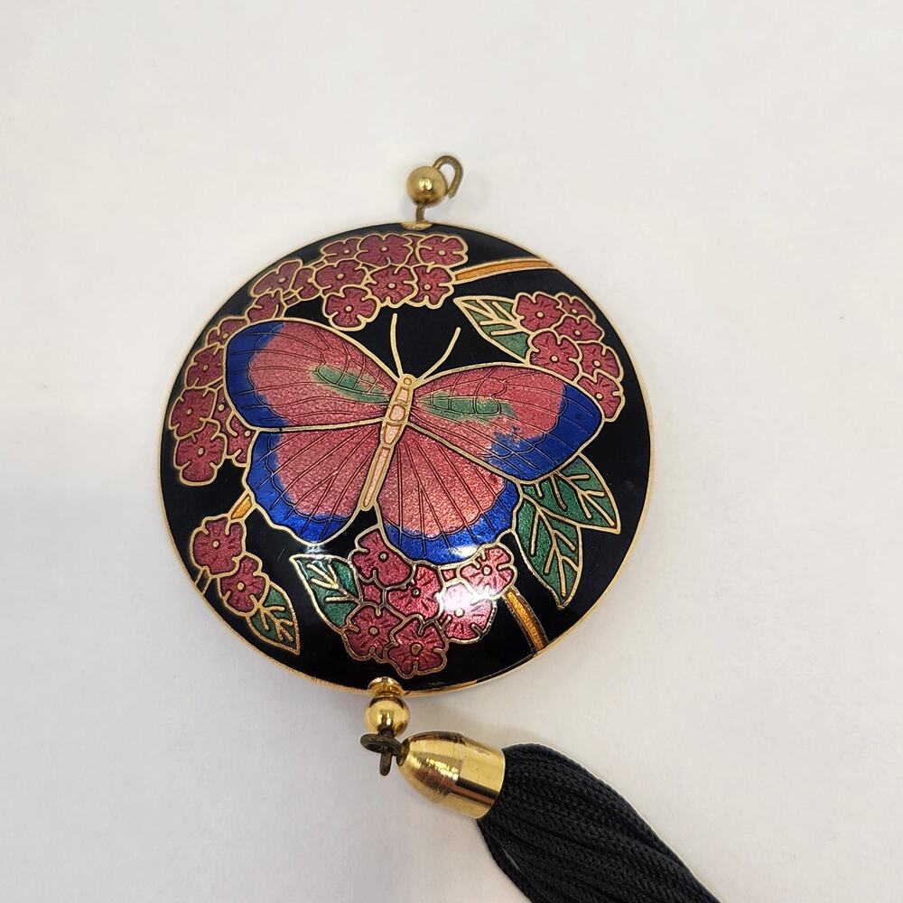 Butterfly Cloisonne Round Puffy Pendant Black Pink Blue Vintage Jewelry Tassel
